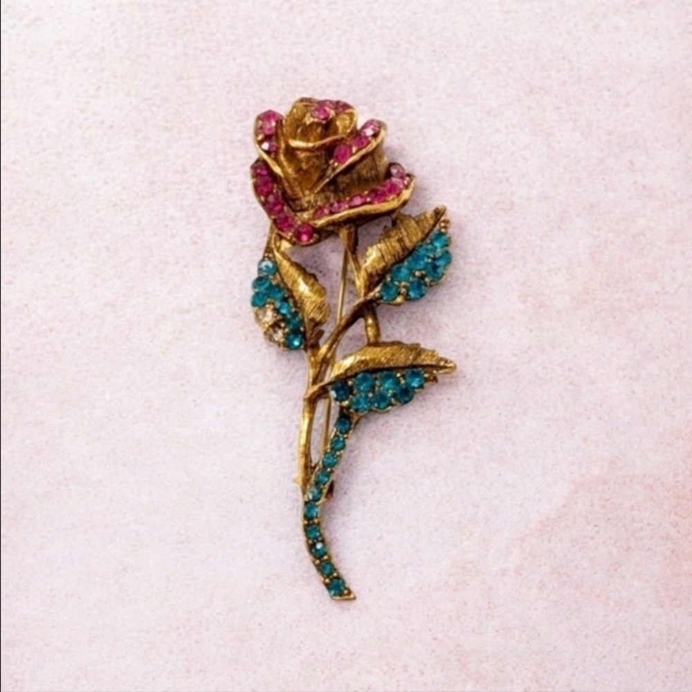 VINTAGE Rhinestone Rose Floral Brooch Pink Blue Long Stem Pin